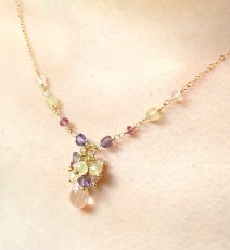画像3: 【A様オーダー品】宝石質ローズクォーツのドロップ×プレナイト×アメジスト×レインボームーンストーン×ロードライトガーネット　bouquetネックレス14kgf　 (3)