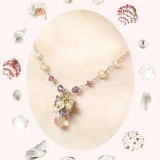 画像1: 【A様オーダー品】宝石質ローズクォーツのドロップ×プレナイト×アメジスト×レインボームーンストーン×ロードライトガーネット　bouquetネックレス14kgf　 (1)